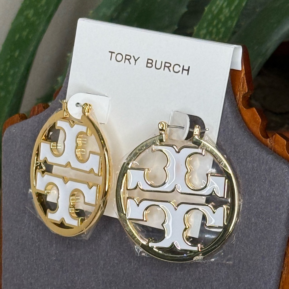 Tory Burch Oversized Logo Hoop Earrings Gold White Enamel NWT Valentines Gift - Picture 2 of 10